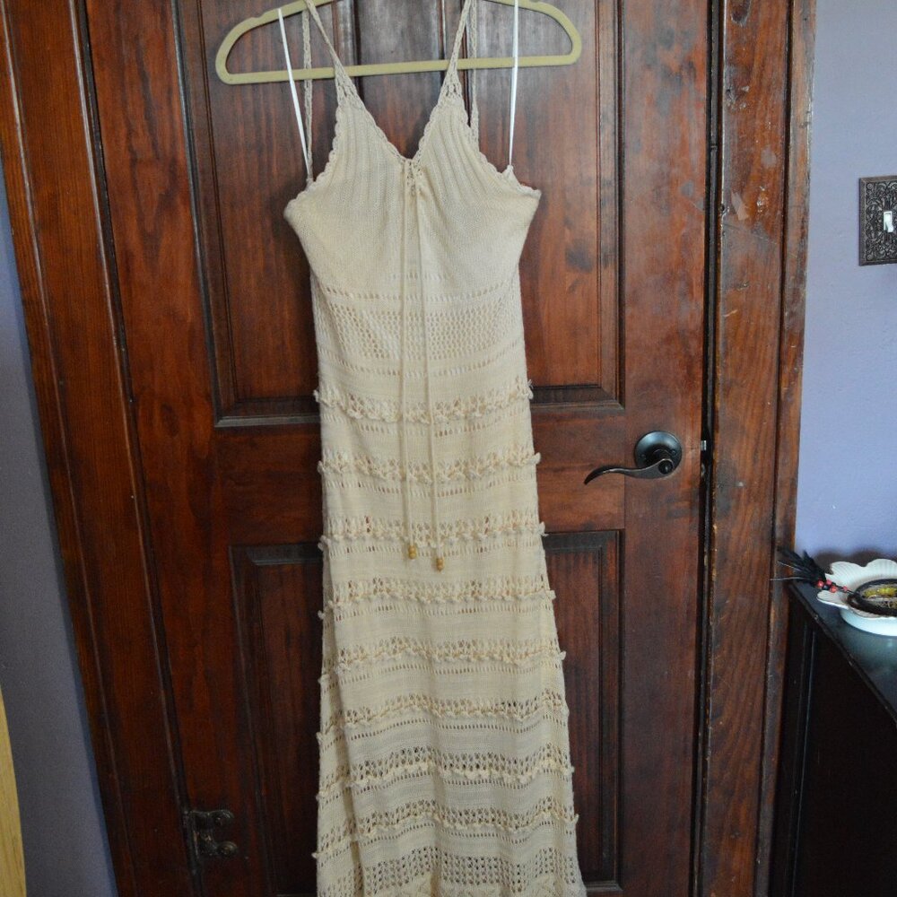 Solitaire Swim Long Crochet Halter Dress in Cream Size M